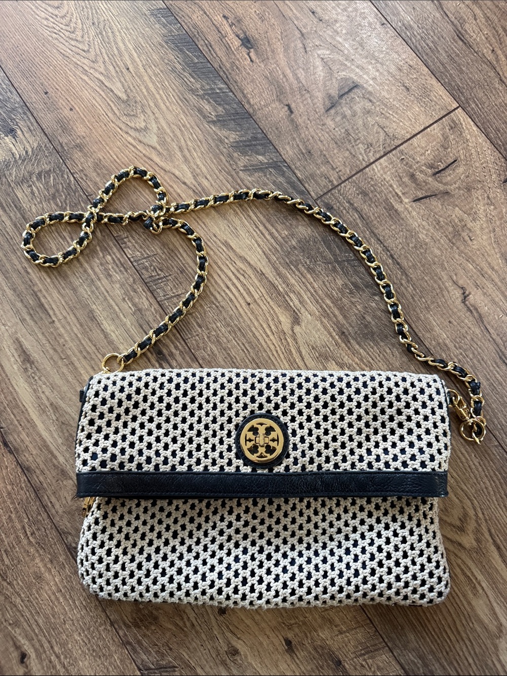 Tory Burch Cream and Black Woven Crossbody with Gold Chain
